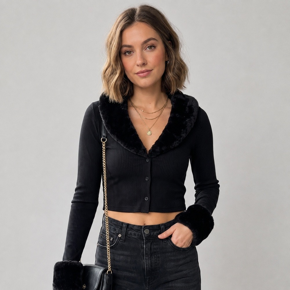 PacSun PacCares Cardigan Womens XS Black Faux Fur Trim Cropped Ribbed Knit Y2K